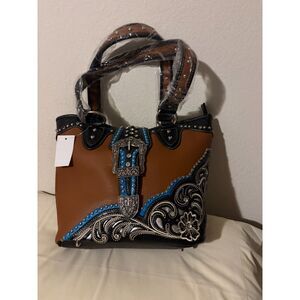 Western Brown & Black Buckle Shoulder Bag – Turquoise Stud Detail – New